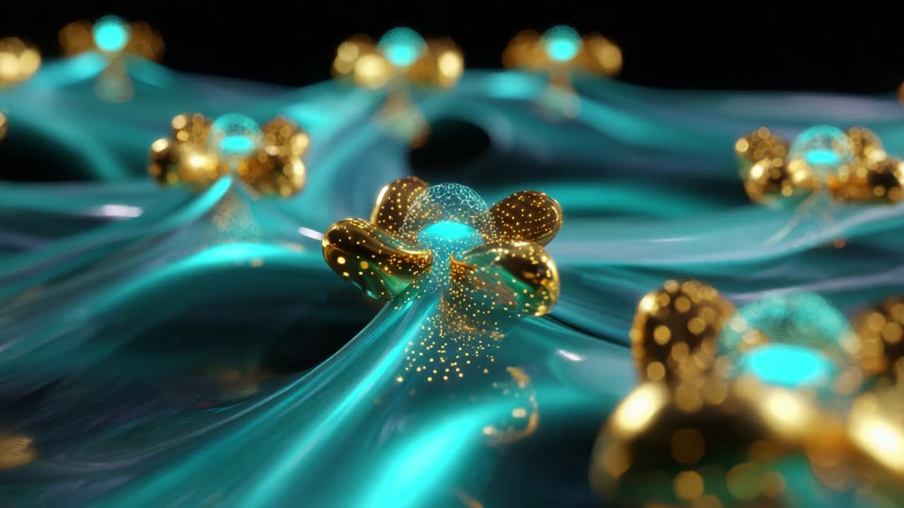 A Stunning Visual Display of Golden and Turquoise Flowers Emerging from a Flowing Fluid Background, Illuminated by Dazzling Light Particles Creating a Captivating and Ethereal Atmosphere