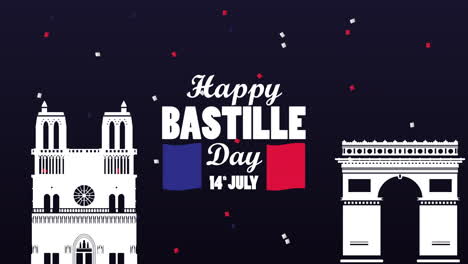 feliz celebración del día de la bastilla con el arco del triunfo y la catedral de notre dame