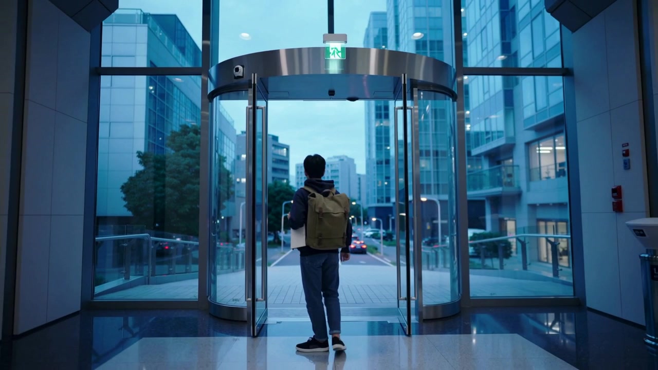 Uomo che avanza, entrando nella hall attraverso una porta girevole, controllando lo smartphone e aggiustando lo zaino.