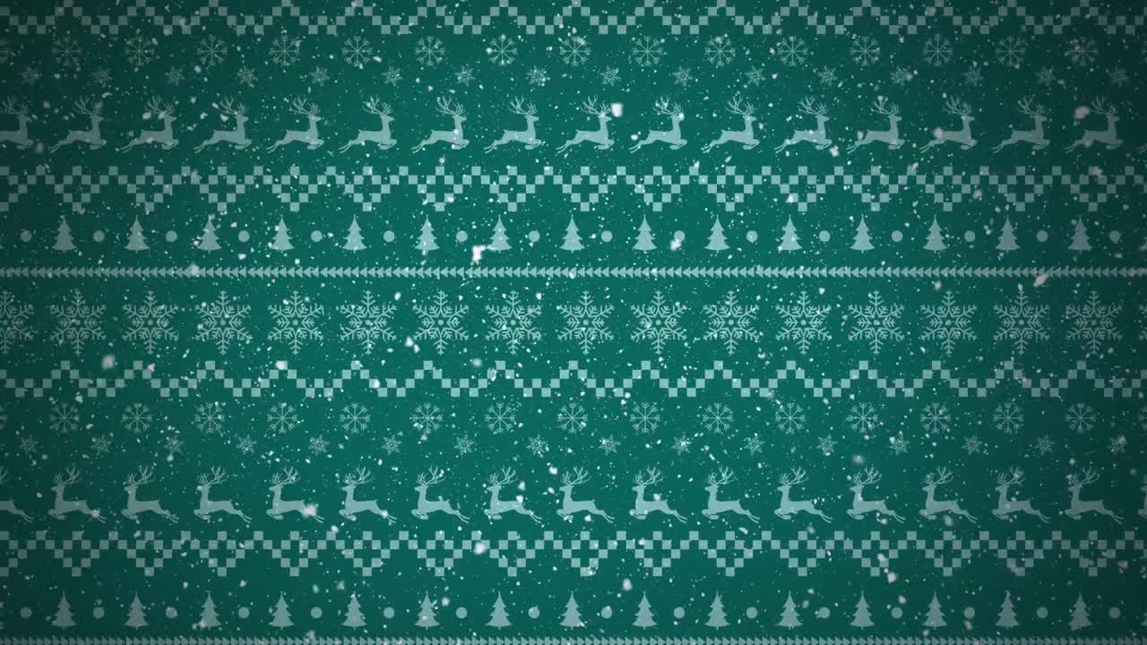 Digital animation of snow falling against christmas traditional pattern with christmas trees