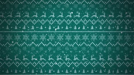 Digital-animation-of-snow-falling-against-christmas-traditional-pattern-with-christmas-trees