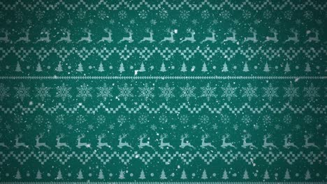 animación digital de la nieve cayendo contra el patrón tradicional de navidad con árboles de navidad