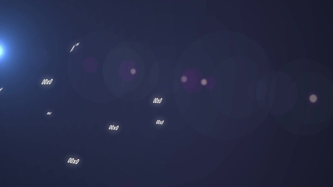 Cluster di token fluttuante che si sposta su un gradiente blu navy, con un flare dell'obiettivo sinistro pulsante che avvia il flusso di dati.