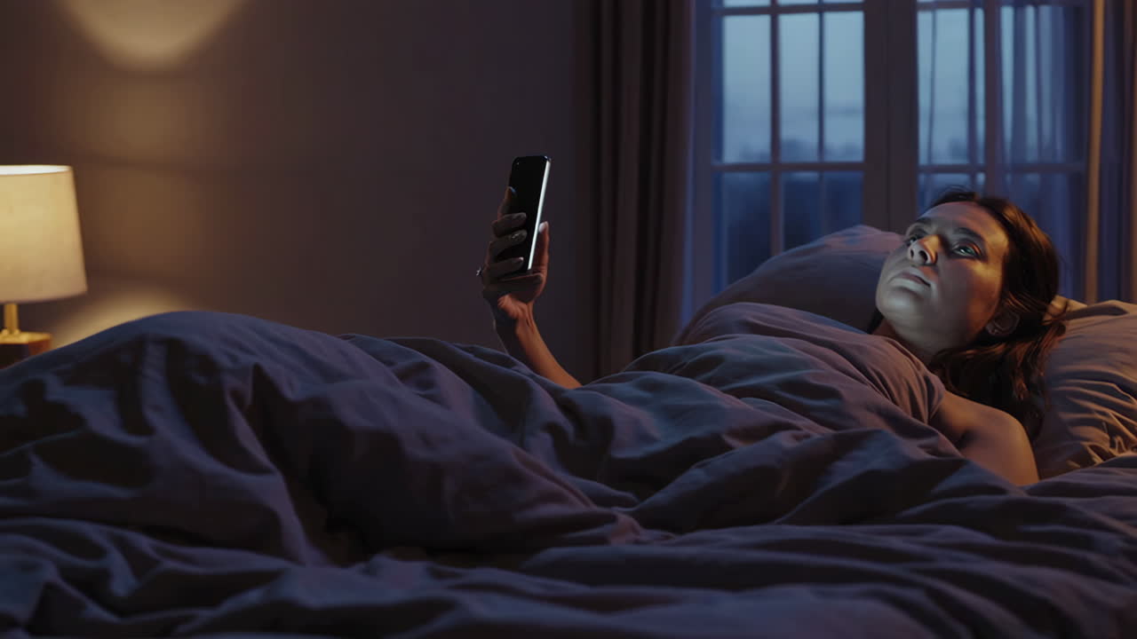 밤에 침대에서 스마트폰을 사용하는 여성