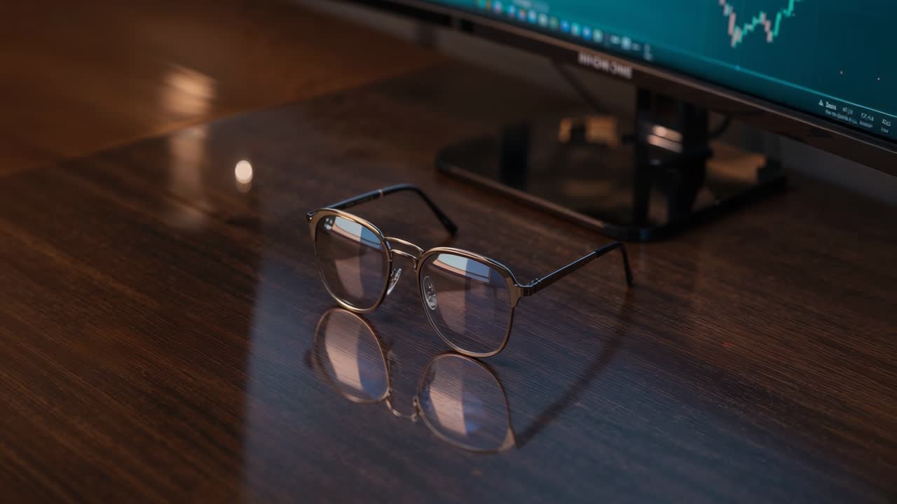 Occhiali su una scrivania con un monitor sullo sfondo