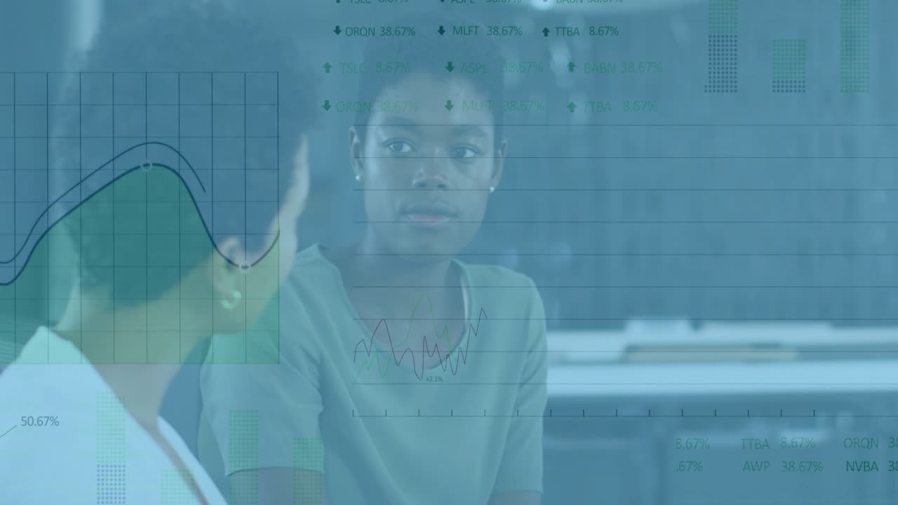 Speaker sparking business charts fading in peaking then receding as colleague commenting on trends