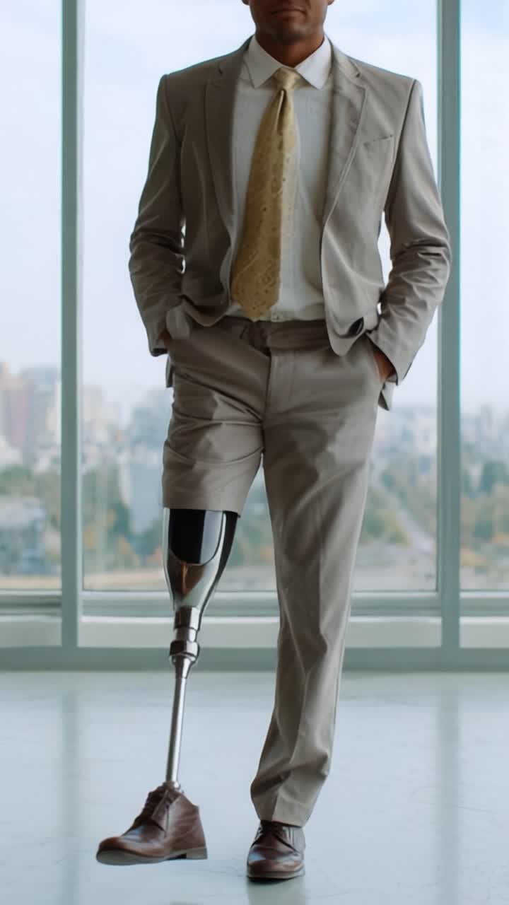 A confident individual in a beige suit stands tall, showcasing a modern prosthetic leg, symbolizing resilience and strength in overcoming obstacles in life