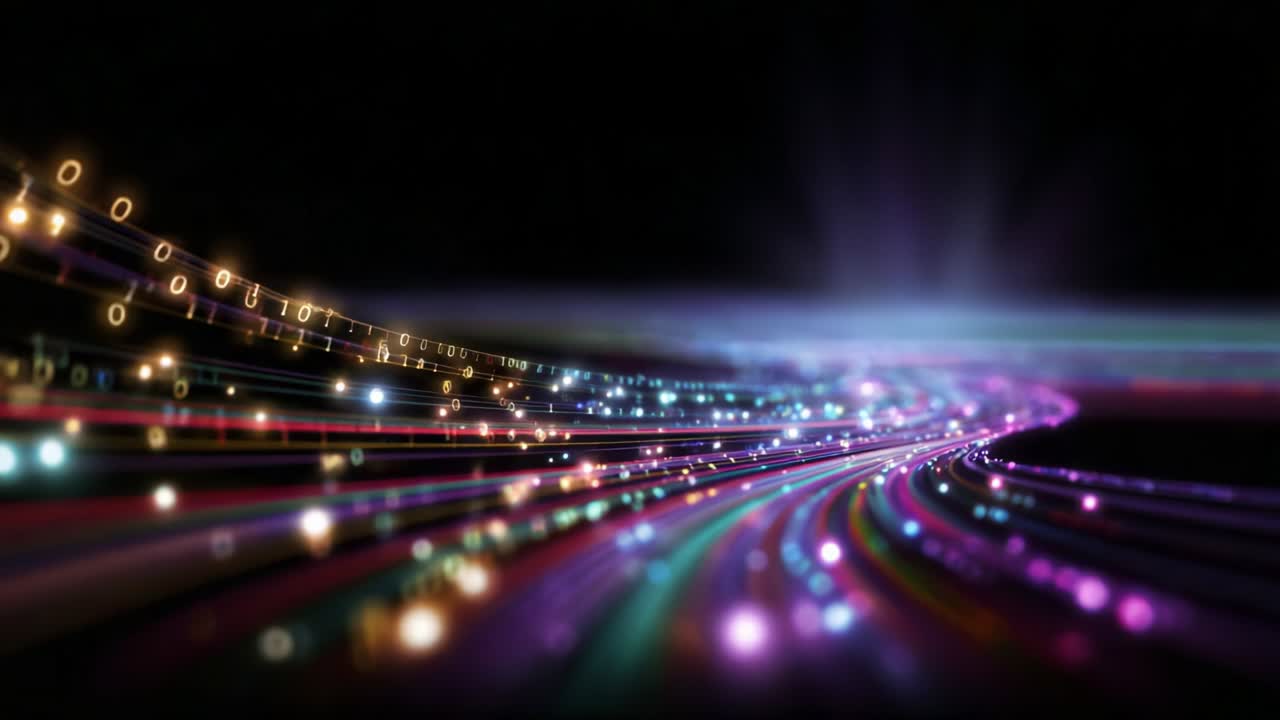 A captivating digital landscape showcasing a vibrant array of colorful light trails intertwined with binary code, symbolizing the dynamic convergence of technology and creativity in a mesmerizing visual experience
