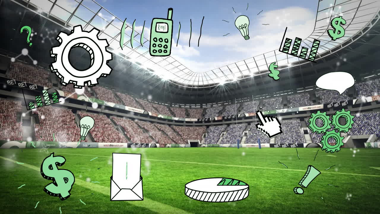 Animation of business icons and graphs overlaying stadium field scene