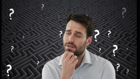 Animation-of-confused-caucasian-man-and-white-question-marks-moving-over-grey-maze