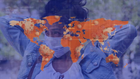 animation of a woman putting on a mask over a world map and information