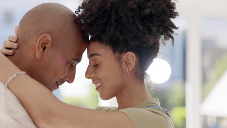 love, forehead touch and couple in home