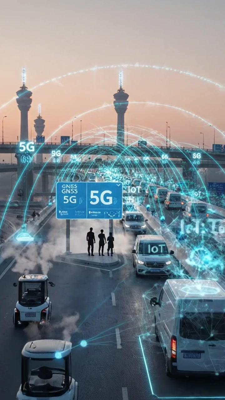 Infrastruttura intelligente innovativa: una visione di connettività urbana con tecnologia 5G in un paesaggio urbano futuristico al tramonto con traffico e display digitali