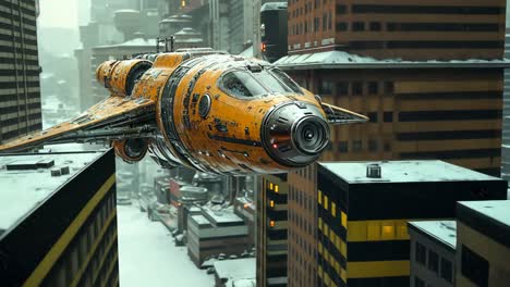 flying futuristic vehicle navigating a busy urban environment in winter