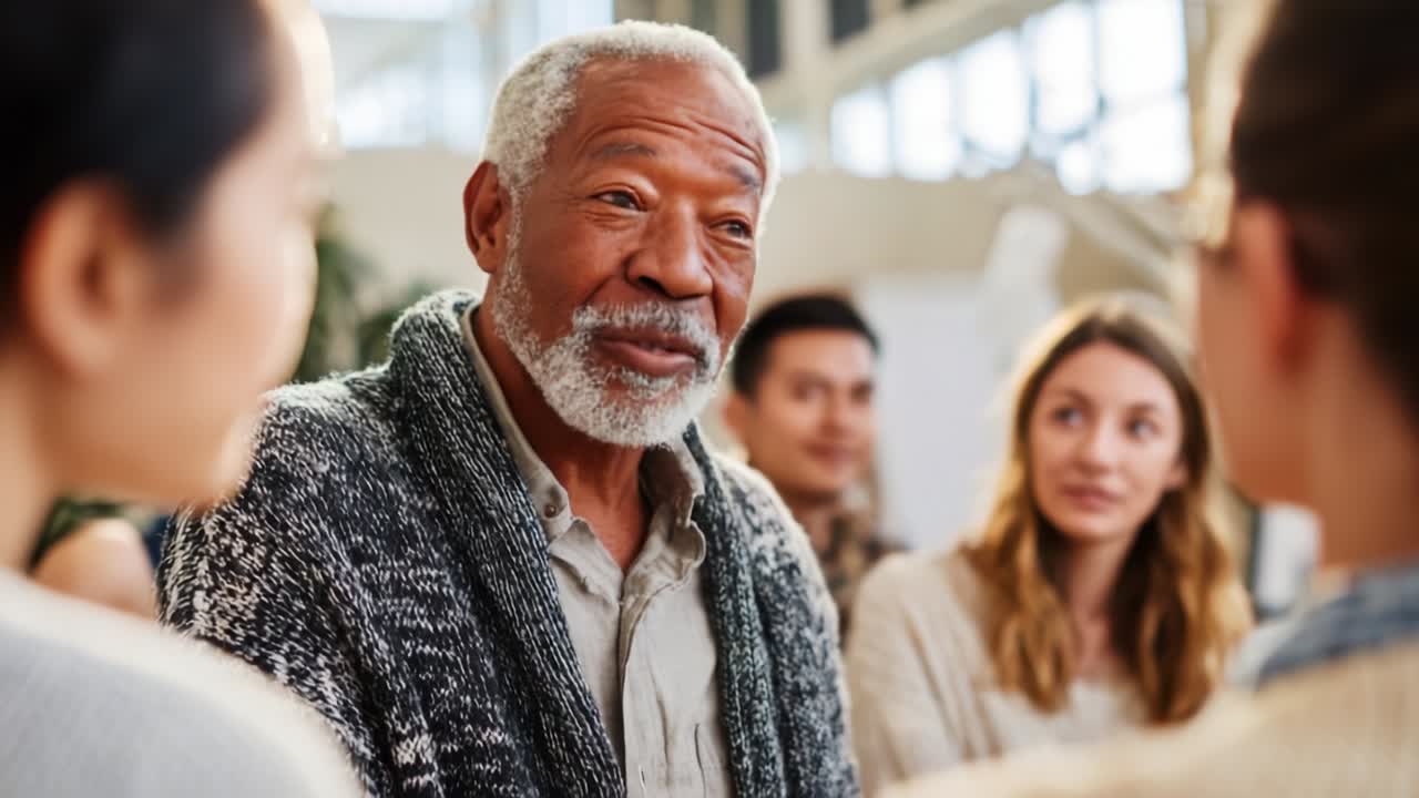 An engaging conversation unfolds as an elderly man shares his wisdom with a group of young adults, showcasing the beauty of intergenerational dialogue and connection in a warm, inviting setting