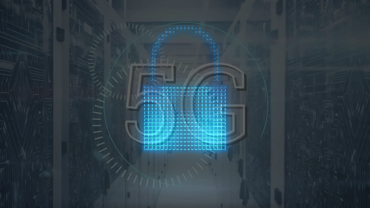 Animation of cloud and padlock icons with 5g and data processing over server room