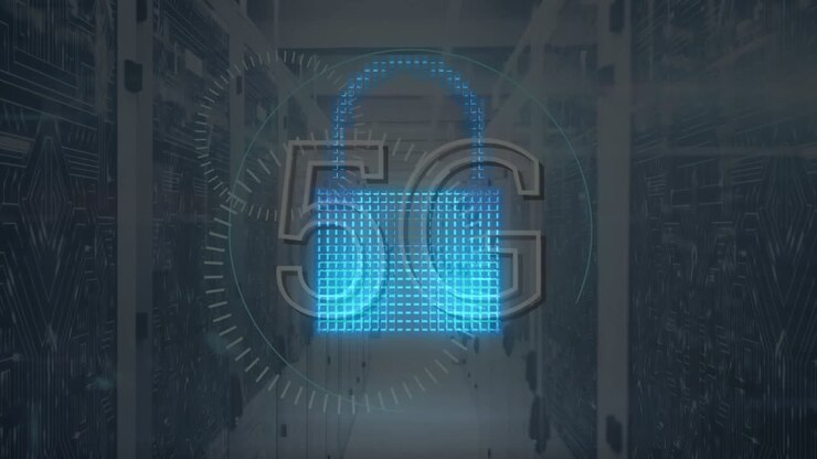 Animation of cloud and padlock icons with 5g and data processing over server room