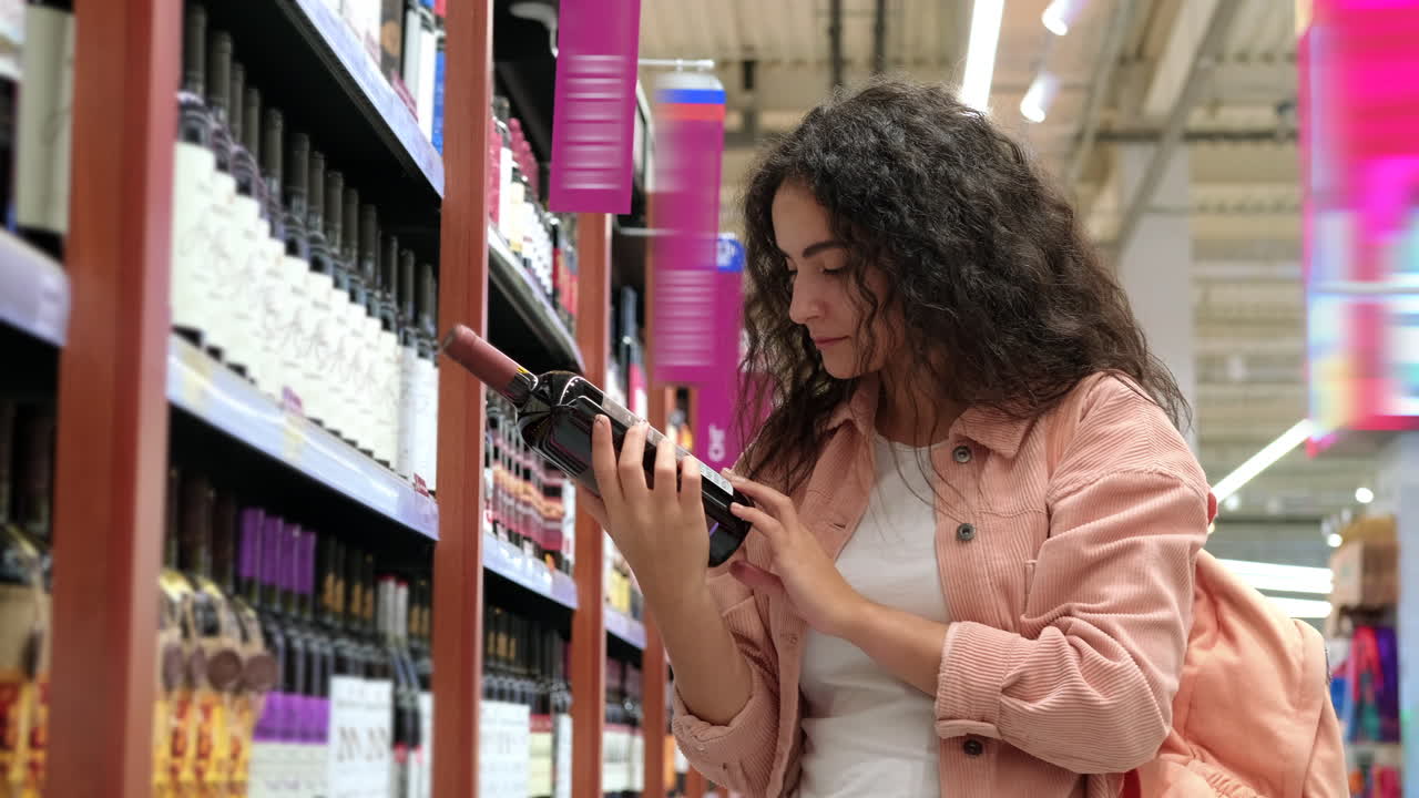 mujer eligiendo vino rojo en una tienda de comestibles