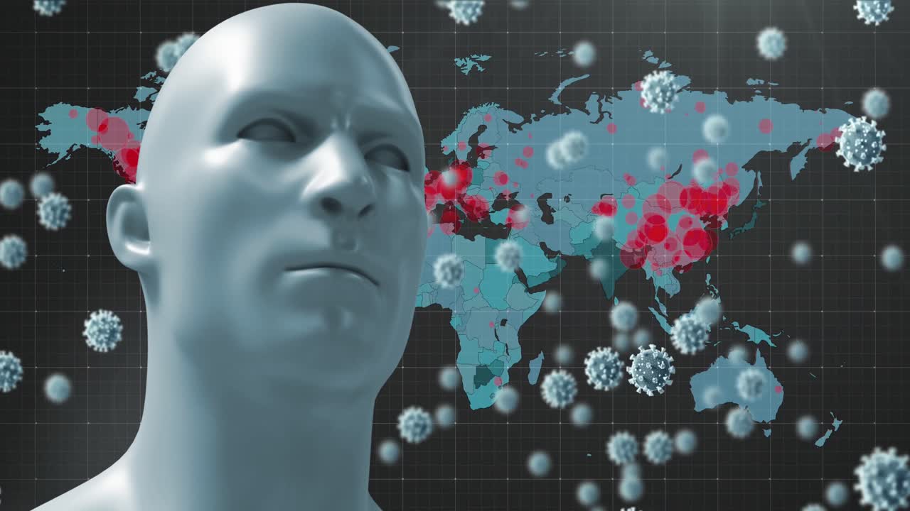 Animasjon av et digitalt menneskehode med gigantiske virusmodeller som svever på svart bakgrunn