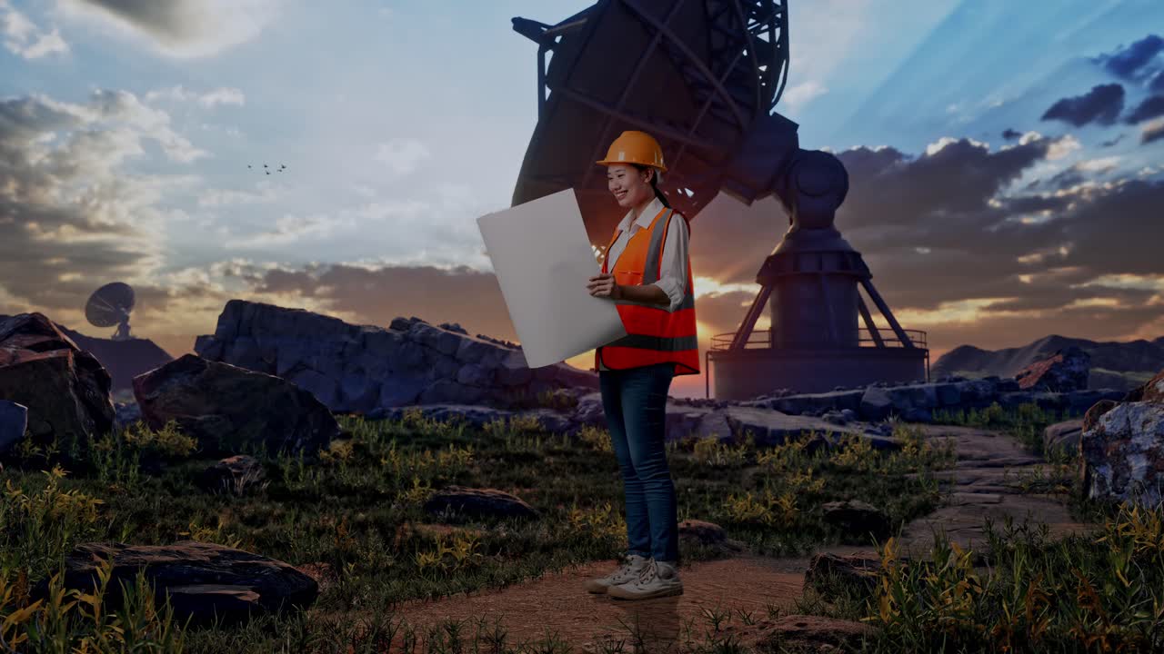 Full Body Side View Of Asian Female Engineer With Safety Helmet Looking At Blueprint In Her Hands And Looking Around While Standing With Large Satellite Dish
