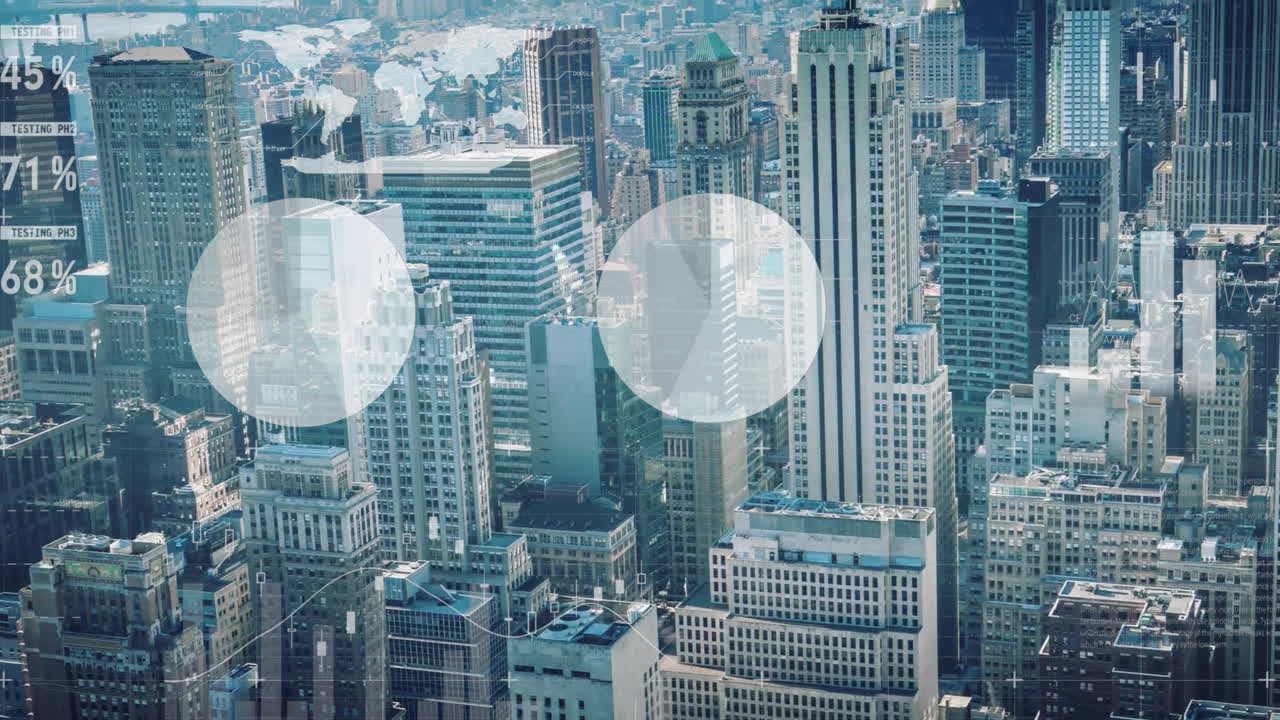 Animation of financial data processing over city