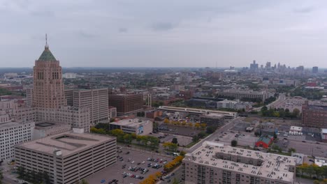 pan left drone shot of the new center area in detroit, michigan