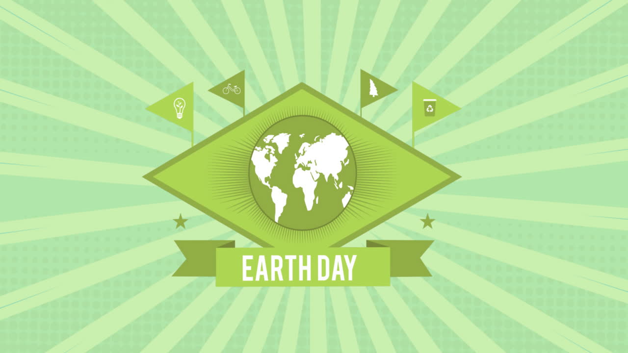 녹색 나선 배경에 있는 지구와 지구의 날의 애니메이션