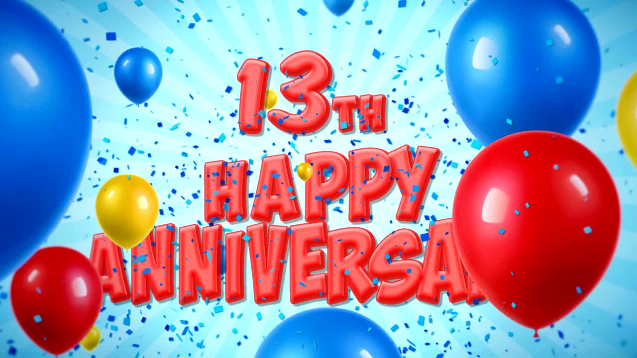 13번째 생일 축하 은 텍스트는 콘페티 팝퍼 폭발, 떨어지는 반이는 입자, 다채로운 날아다니는 풍선, 소원, 인사, 파티, 초대, 카드에 대한 원활한 루프 애니메이션에 나타납니다.