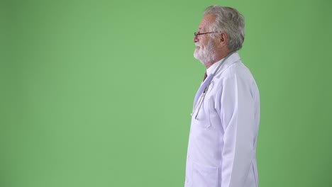 handsome senior bearded man doctor against green background