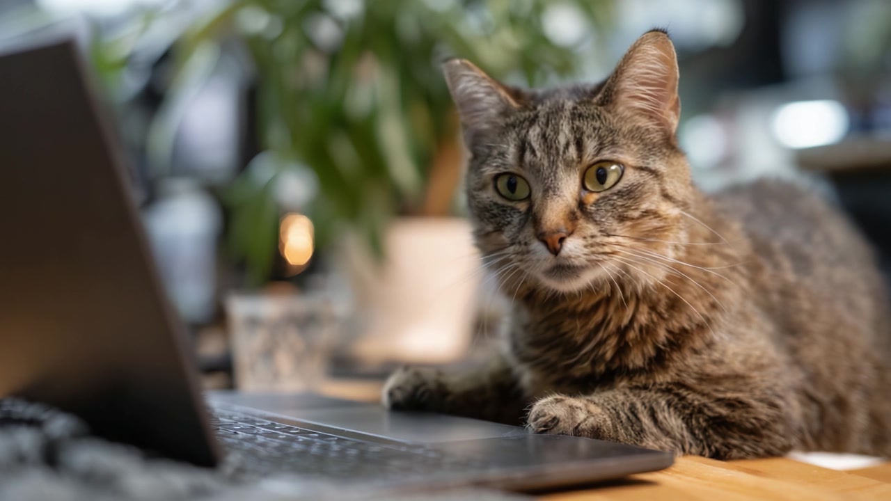 Gatto curioso osserva lo schermo del laptop, catturando i momenti intriganti dell'interesse felino in un ambiente interno accogliente con vegetazione sullo sfondo