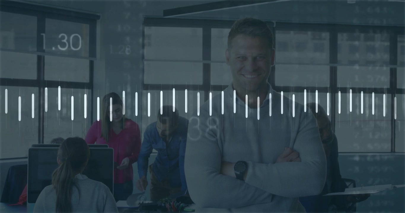 Waveform appearing and pulsing, foreground leader standing, team collaborating visualizing metrics