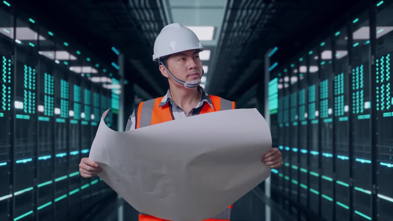 Asian Male Engineer With Safety Helmet Looking At Blueprint In His Hands And Looking Around While Standing in Server Room Data Center