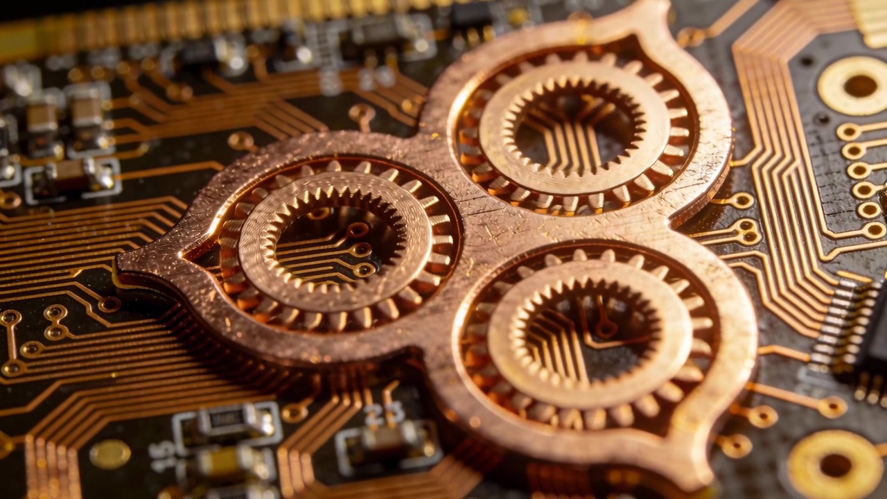 Kamera makro mundur, memperlihatkan komponen tiga cincin tembaga pada PCB, menggeser fokus untuk memeriksa.