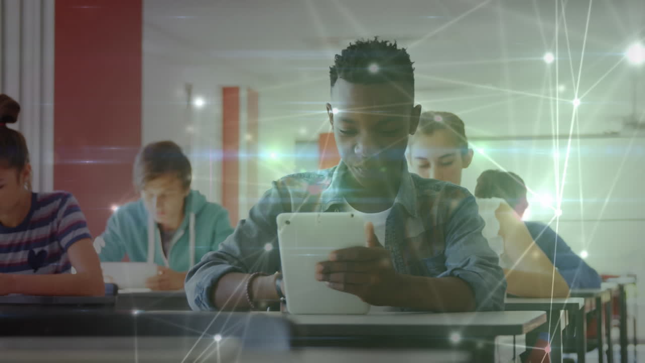 Animation of network of connections over student using tablet