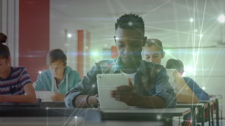 Animation of network of connections over student using tablet