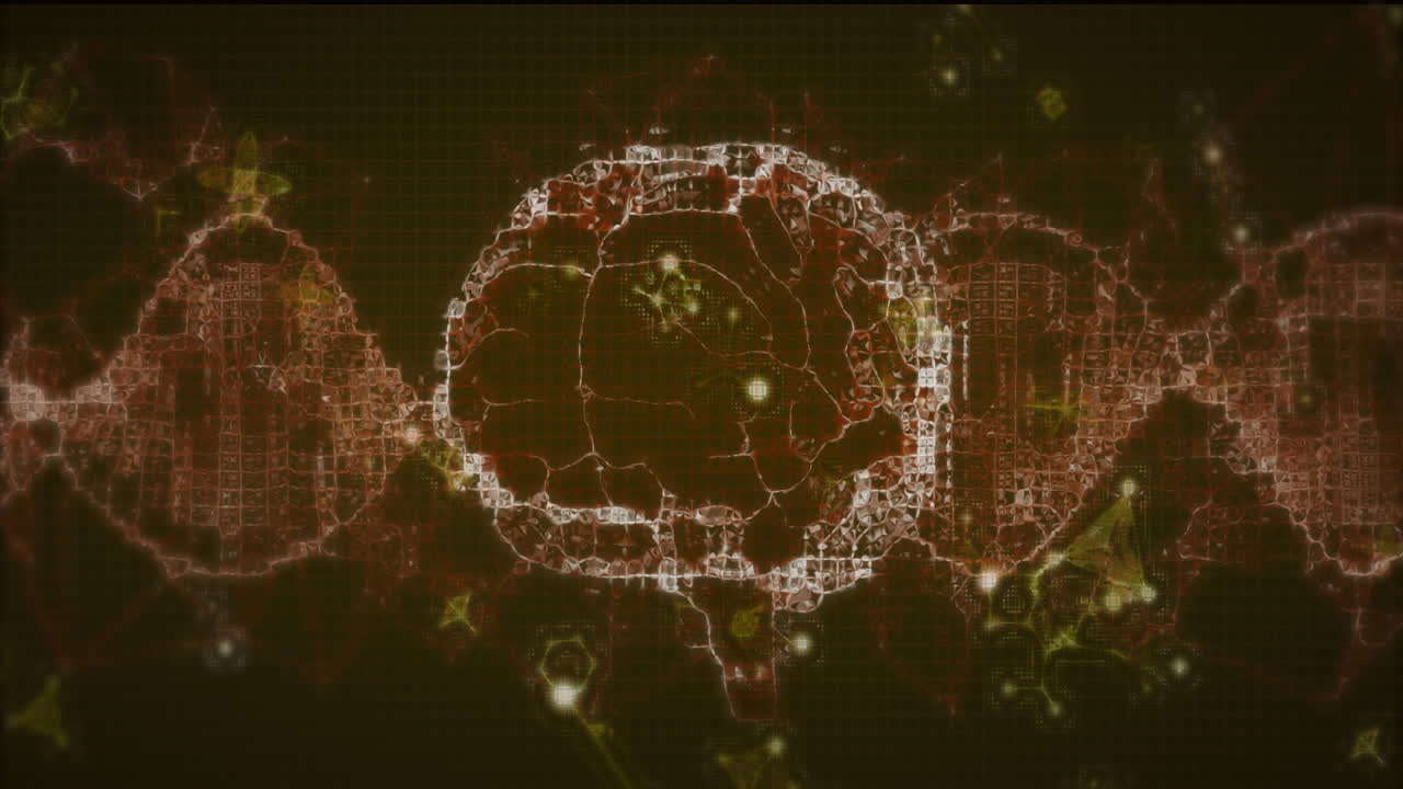 Brain network being visualized in 3D render grid interface, DNA helix strands extending on sides