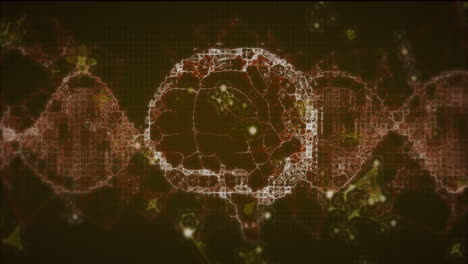 brain network being visualized in 3d render grid interface, dna helix strands extending on sides