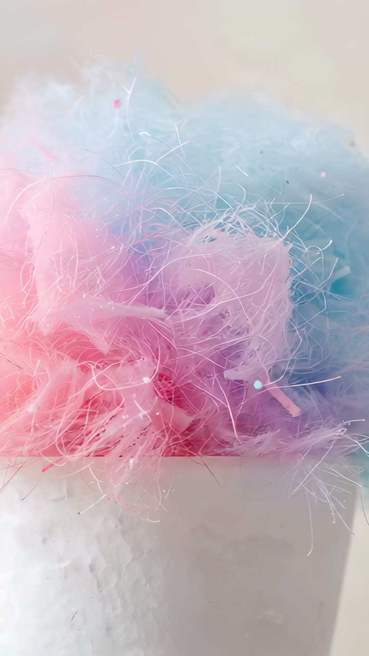 Vertical video: Shifting camera, cotton candy settling, shedding over cup on table with confetti