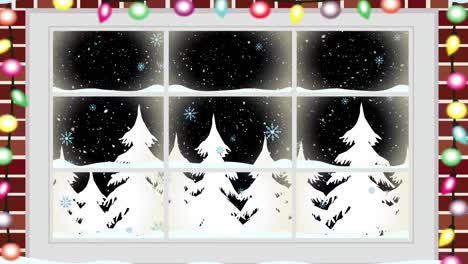 Animation-of-falling-snow-over-window-with-christmas-decorations