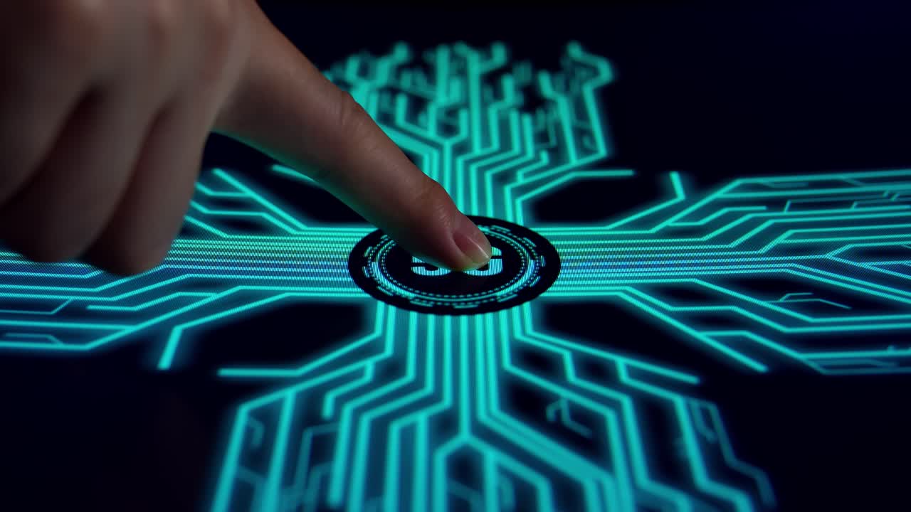 Side View, Human Finger Pushes Touch Digital 5G Button With Futuristic Artificial Intelligence Spreading Through Internet. Visualization Of Machine Learning, Computer Technology, Neural Network