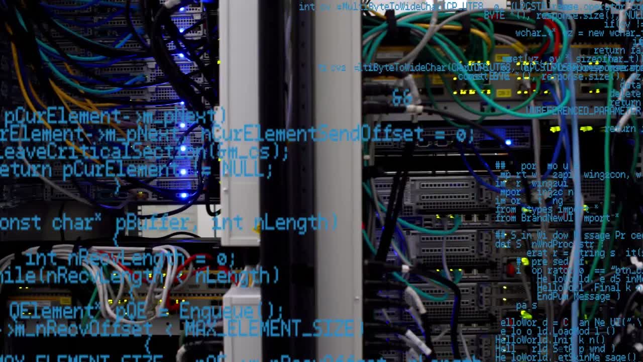 Animation of data processing over close up of computer server