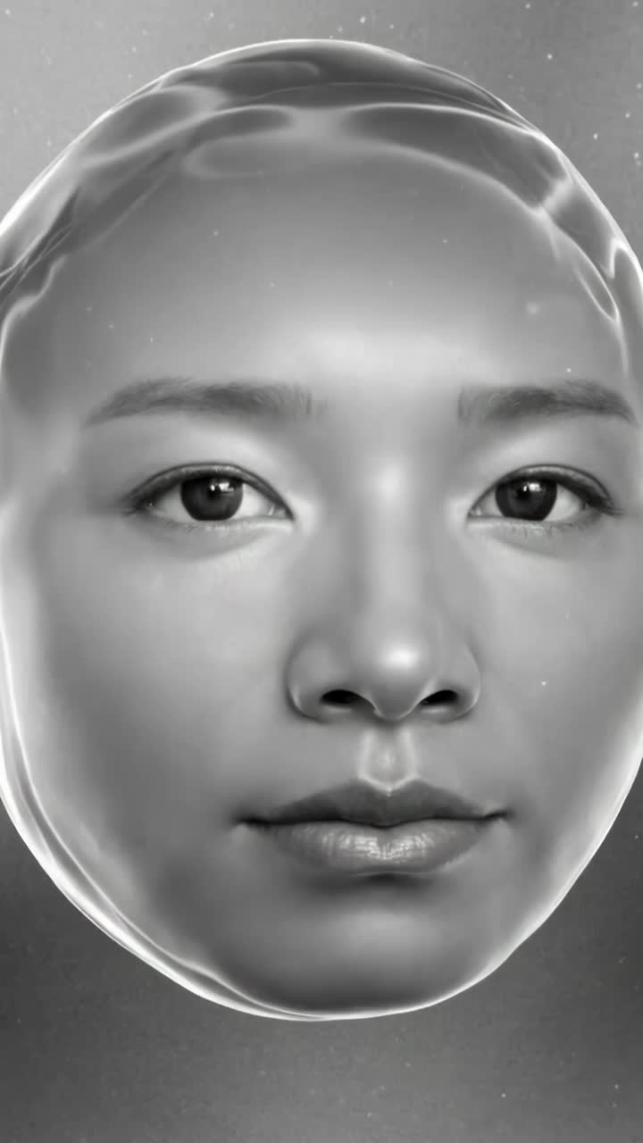 Vídeo vertical: renderização 3D de uma cabeça feminina de metal se desfazendo, com mosaicos se transformando em partículas no espaço