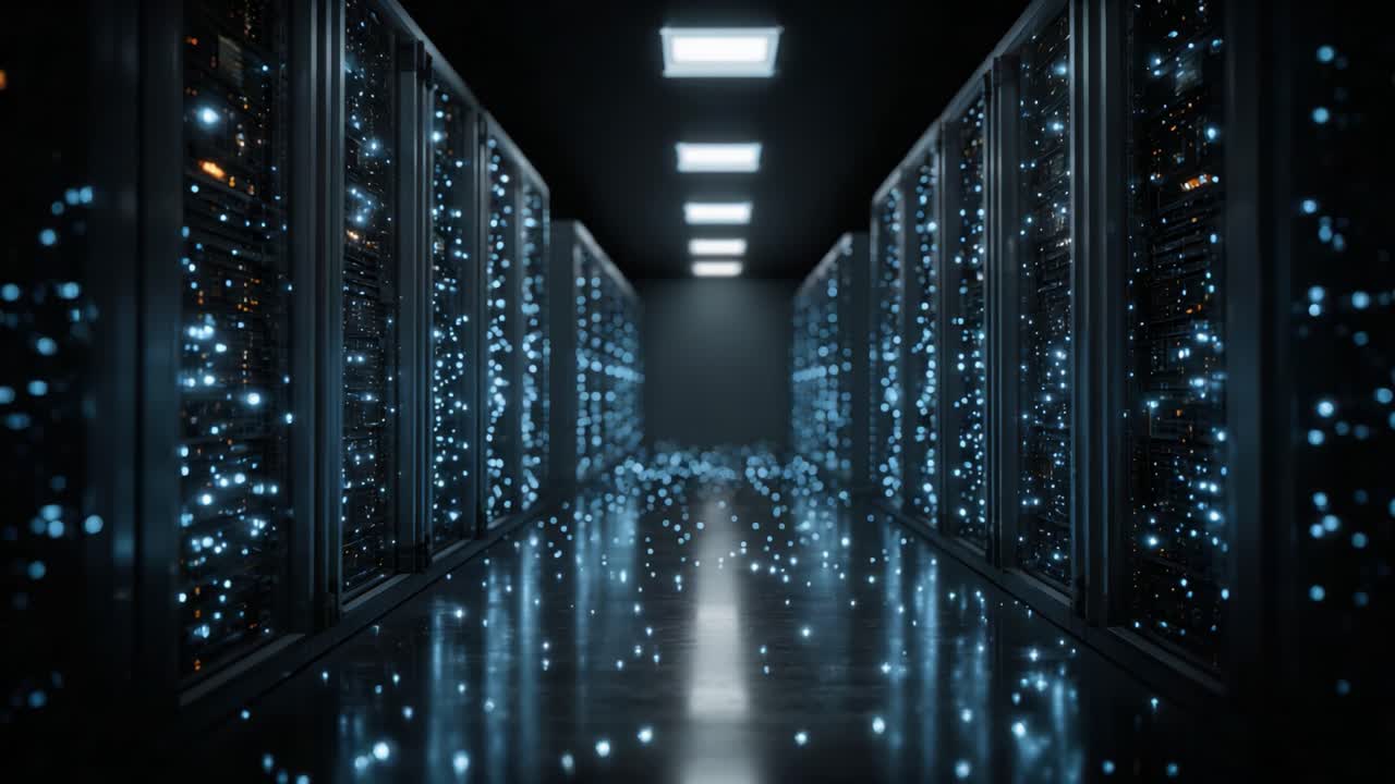 Uno sguardo all'interno di un data center high-tech: rack illuminati pieni di server di rete che catturano il futuro dell'infrastruttura digitale
