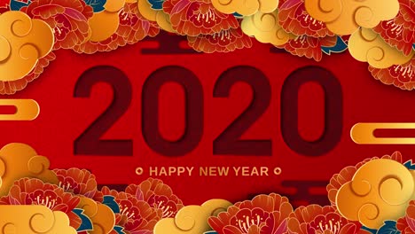 happy new year 2020. flower and auspicious clouds on red background. chinese translation: "happy new year".(loop )