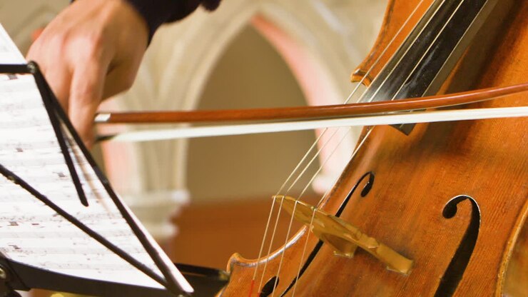Close up of male cellist playing in a string quartet in a small, bright church
