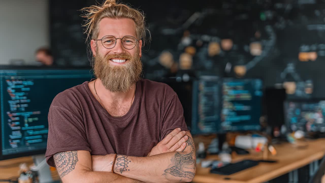 A Confident Software Developer Smiling in a Modern Workspace Surrounded by Computer Monitors, Showcasing a Creative and Collaborative Environment