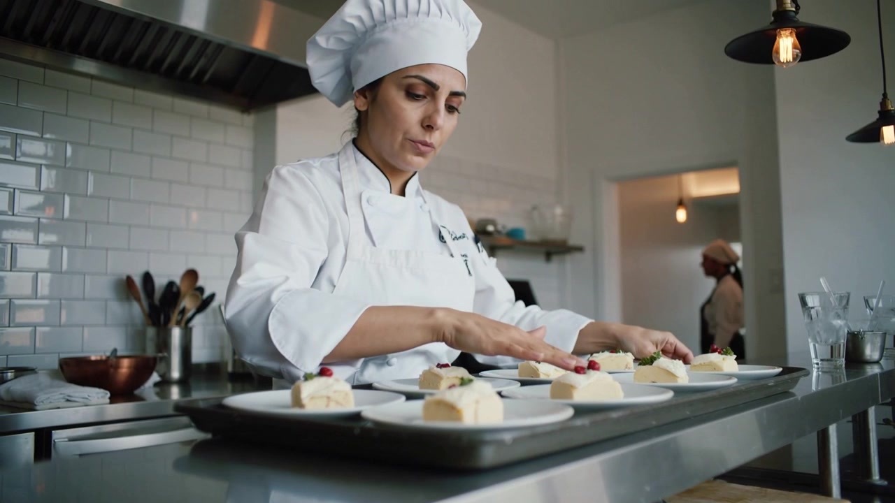 Posizionamento di un vassoio, chef in giacca bianca e toque che allinea dessert impiattati al pass d'acciaio, garantendo la qualità.