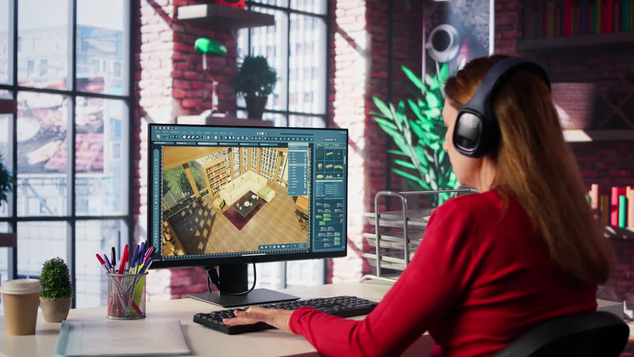 Woman working on interior design project on computer