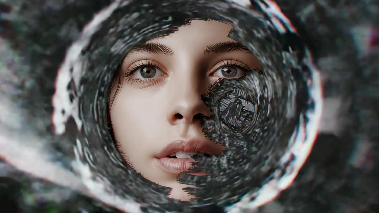 Rotating textured ring creeping clockwise over woman's face in digital void, causing glitch effect