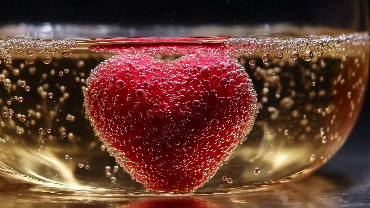 A Vibrant Heart-Shaped Strawberry Surrounded by Effervescent Bubbles in a Clear Liquid, Capturing the Essence of Love and Celebration in a Visually Stunning Presentation